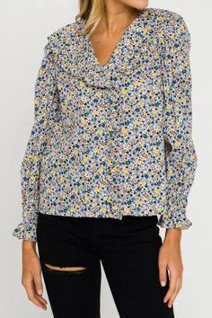 The Saylor Floral Blouse #2020 #66223 #66224 Ditsy Floral Blouse, Skirt Styles, Poplin Blouse, Bib Collar, Floral Print Blouses, Denim Trousers, Ditsy Floral, Knit Skirt, Ruffle Top