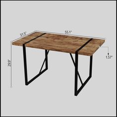 a wooden table with black metal legs and a wood top, measurements for each side