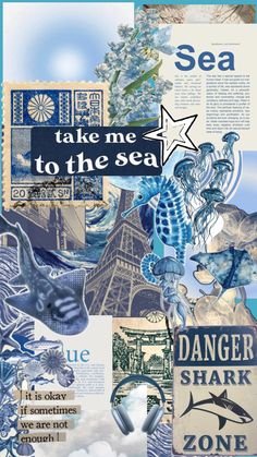 a collage of sea related images and words