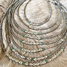 Navajo Pearl Stacks, Personalized Bohemian Jewelry, Silver Bohemian Jewelry With Letter Beads, Bohemian Silver Jewelry With Letter Beads, Adjustable Personalized Bohemian Necklace, Personalized Bohemian Jewelry For Festival, White Bohemian Engraved Necklace, Western Fashion Jewelry, Southern Jewelry