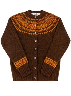 Authentic forties look cardigan in a rich brown shade with orange detailing in the Fairisle pattern. Each of our Scottish knitwear pieces are handmade in a traditional knitting method which takes inspiration from decades past, including 1940s and 1950s fashion. - Pure Scottish wool - Timeless Fairisle pattern across the shoulders - Deep welts - High quality throughout including the pearlised buttons These beautiful Socialite knitted garments are designed by Revival and produced exclusively for o Vintage Brown Sweater With Fair Isle Pattern, Brown Fair Isle Pattern Winter Cardigan, Vintage Brown Wool Cardigan, Nordic Style Brown Cardigan For Fall, Look Cardigan, Vintage Style Shoes, Vintage Knitwear, Vintage Gloves, Vintage Tank Top