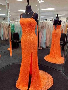 Orange Long Dresses, Orange Prom Dress, Neon Prom Dresses, Orange Prom Dresses, Sparkle Prom Dress, Split Prom Dresses, Sparkly Prom Dress, Elegant Prom Dresses, Prom Dress Inspiration