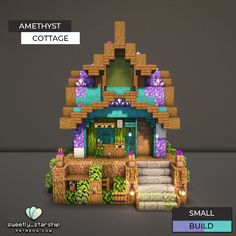 an image of a small house made out of lego blocks and bricks, with the words amethyst cottage above it