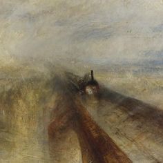 an oil painting of a train traveling down the tracks in foggy weather and mist