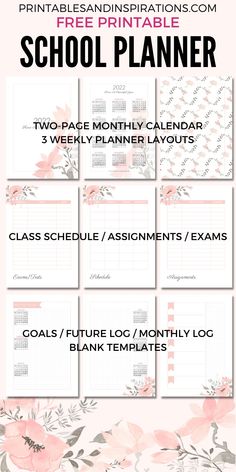 the printable school planner with pink flowers on it