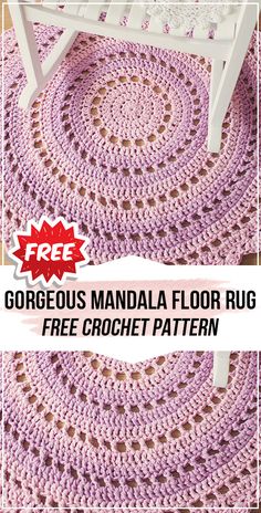 the circular crocheted rug is shown with text that reads, gorgeous mandala floor rug free crochet pattern