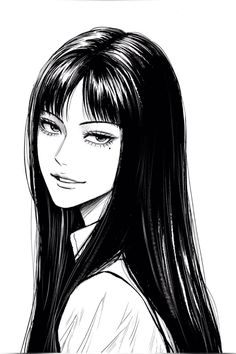 a black and white drawing of a girl with long hair