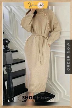 Elegant and Casual Garment Loose Knitwear, Long Sleeve Turtleneck Dress, Pullover Mode, Elegant Sweater, Long Knitted Dress, Funnel Neck Sweater, Modest Dress, Dress Classy, Winter Pullover