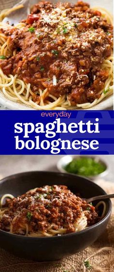 spaghetti bolognzose in a skillet with the title overlay