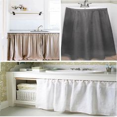 four different pictures with white and gray decor in them, including a sink, toilet, tub