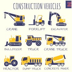 different types of construction vehicles in yellow and black