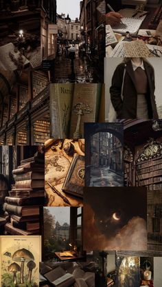 a collage with many different pictures and words on it, including an image of a man standing in front of books