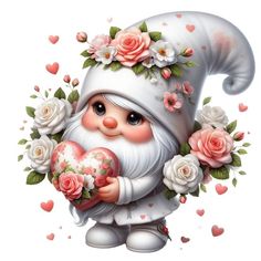 a cute little gnome holding flowers and a heart in his hands with hearts around him