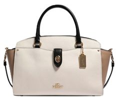 Coach Brie Carryall Bag In Colorblock  Color: Im/Chalk Multi  MSRP: $450.00 Refined pebble leather Inside zip and multifunction pockets Zip-top closure, fabric lining Handles with 4" drop Outside zip and turnlock pockets Detachable strap with 20" drop for shoulder or crossbody wear 11 3/4" (L) x 8" (H) x 5" (W) Style No. 91387 Coach Carryall, Chloe Bags Handbags, Brown Satchel, Black Leather Satchel, Carryall Tote, Personalized Wallet, Personalized Tote Bags, Coach Shoulder Bag, Carry All Bag