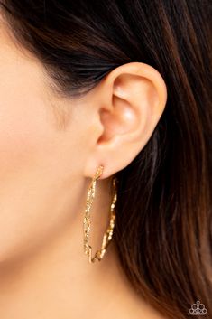 Textured gold bars delicately twist into a glistening helix, creating an edgy oversized hoop. Earring attaches to a standard post fitting. Hoop measures approximately 2" in diameter.

 Sold as one pair of hoop earrings. Oversized Hoop Earrings, Sell Jewelry, Gold Bars, Wooden Bracelet, Paparazzi Accessories, Seed Bead Necklace, Paparazzi Jewelry, Gold Bar, Gold Texture