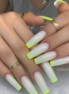 Acrylic Nails Kylie Jenner, Yellow Tips, Nails Rhinestones, Neon Yellow Nails, Natural Acrylic, French Acrylics, Nails Oval, Ombre Acrylic, Fall Acrylic