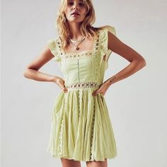 Free People Like Dress, 100% Cotton. Skirt Has Lining. Lace. Never Worn. No Flaws. Nwt. Yellow Sundress With Square Neck For Spring, Yellow Fitted Sundress For Daywear, Yellow Square Neck Sundress For Spring, Fitted Yellow Sundress For Daywear, Chic Yellow Cotton Sundress, Yellow Square Neck Beach Dress, Chic Yellow Mini Dress With Square Neck, Yellow Bohemian Mini Dress With Ruffles, Yellow Cotton Mini Dress For Spring