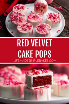 red velvet cake pops on a plate with pink sprinkles