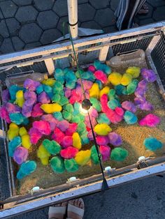 a person standing in front of a cage filled with stuffed animals and lights on the ground