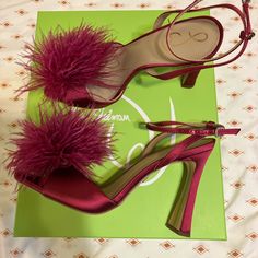 Like Brand New, Worn Once Sandal With High Heel, Strap With Pink/Raspberry Feather Feather Sandals, Simple Spring Outfits, Feather Heels, Leather Shirt Dress, Fabric Feathers, Trending Heels, Six Month, Satin Heels, Leather Shirt