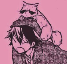 a drawing of a cat sitting on top of a man's back with his head in the air