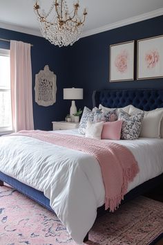 13 Navy Blue Bedroom Ideas For A Stylish Sleep - DreamyHomeStyle Navy Pink White Bedroom, Navy And Pink Bedroom, Blue Upholstered Headboard, Navy Blue Bedroom Ideas, Light Pink Bedrooms, Navy Blue Bedroom, Navy Blue Bedding, Blue And Pink Bedroom, Blue And Gold Bedroom