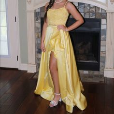 Two-Piece With Lace Top And Satin Skirt With Ruffled Skirt Slit. Beautiful Pastel Yellow. Sherri Hill Size 4. Perfect Condition, Can Have Cleaned Before Shipping Upon Request. Colorful Dresses Formal, Sherri Hill Dresses, Ruffled Skirt, Sherri Hill, Satin Skirt, Pastel Yellow, Formal Dress, Lace Top, Prom Dresses