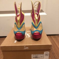 Basically Brand New - Worn One Time - Comes With Red Bottom Protector Already On The Shoes. Beautiful Shoes! Comes With Original Box And Garment Bag(S.) Designer Open Heel Heels With Red Sole, Designer Heels With Wrapped Heel And Round Toe, Multicolor Heels With Red Sole For Spring, Multicolor Heels With Red Sole For Evening, Multicolor Heels With Red Sole For Formal Occasions, Designer Heels With Red Sole, Designer Multicolor Round Toe Heels, Designer Multicolor Heels With Round Toe, Designer Multicolor High Heels