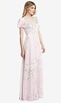 Regency Empire Waist Puff Sleeve Chiffon Maxi Bridesmaid Dress In Watercolor Print | The Dessy Group Fitted Chiffon Dress With Square Neck For Garden Party, Elegant Chiffon Dress With Square Neck For Garden Party, Elegant Square Neck Chiffon Dress For Garden Party, Wedding Dress With Smocked Bodice And Sweetheart Neckline, Elegant Flowy Chiffon Dress With Square Neck, Flowy Square Neck Chiffon Dress, Elegant Floor-length Dress With Smocked Bodice, Elegant Wedding Dress With Smocked Bodice, Chiffon Dress With Ruched Bodice And Sweetheart Neckline