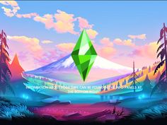 an image of a green diamond in the middle of a landscape with mountains and trees