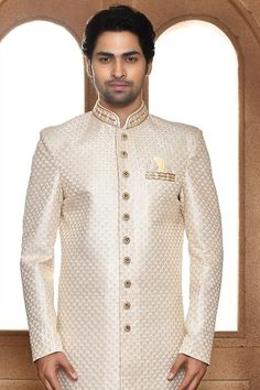 Off white sherwani with all over resham butti embroidery. Paired with a maroon churidar. - Aza Fashions Maroon Churidar, Butti Embroidery, White Sherwani, Resham Work, Silk Embroidery, Churidar, Full Sleeves, Pocket Square, Aza Fashion