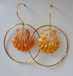 two seashells are hanging from hoop earrings on a white surface, one is orange and the other is yellow