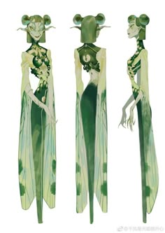 three different views of an alien woman in green and white dress with long legs, standing next to each other