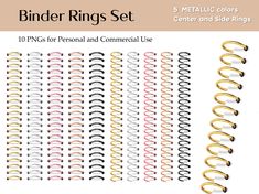 the binder rings set is shown in different colors and sizes, including pink, white,