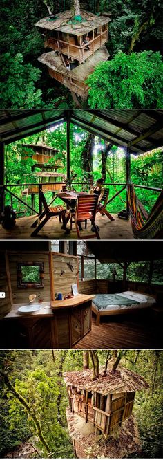 three different views of a tree house in the woods