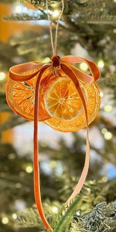 an ornament hanging from a christmas tree decorated with orange slices and ribbon as decoration