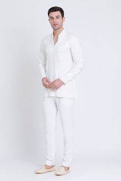 White kurta with thread embroidery in geometric pattern. Paired with a pant. - Aza Fashions Off-white Embroidered Straight Kurta, White Embroidered Unstitched Kurta, Ceremonial White Embroidered Kurta, White Embroidered Straight Kurta Sherwani, White Embroidery Kurta For Men, Diana Penty, White Kurta, Luxury Sale, Silk Embroidery