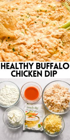 healthy buffalo chicken dip recipe with text overlay