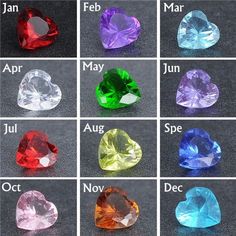 many different colored gems are shown in this image, with the names and description below them