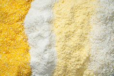 three different types of yellow and white powder