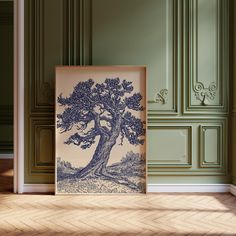 a blue and white tree is in front of a green wall with wood flooring