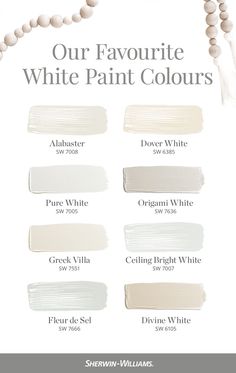 some white paint colors with the words our favorite white paint colors on them and beaded necklaces