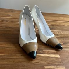 New Burberry Leather Pumps White Colorblock Pattern Semi-Pointed Toes 3.75 Heels, No Box Modern Cream Patent Leather Heels, Burberry Women Shoes, Burberry Plaid Heels, Cream Patent Leather Heels With 4-inch Heel, Burberry Two Tone Bag, Burberry Shoes, White Pumps, Leather Pumps, Shoes Women Heels