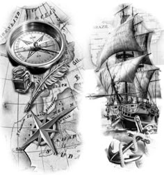 two drawings of ships and compasss on top of each other