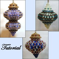 four different pictures of beaded ornaments hanging from chains