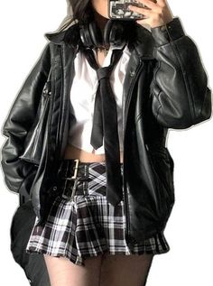 Combine classic and edgy styles with this chic schoolgirl look. Featuring a leather jacket, plaid skirt, and stylish tie, it's perfect for making a bold fashion statement. #SchoolgirlFashion #ChicStyle #EdgyLook #LeatherJacket #PlaidSkirt #FashionInspo #UniqueStyle #BoldFashion Alternative Leather Jacket Outfits, Spycore Outfits, Cybergrunge Aesthetic Outfit, 2000s Clothing Style, Y2k Grunge Aesthetic Outfits, Venom Inspired Outfit, Mecha Clothes, Cyberpunk Y2k Outfit, Grunge Preppy Outfits