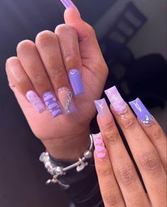 Medium Length Nails Summer, Cute Short Square Acrylic Nails Designs, Purple Birthday Nails, Lavender Birthday Nails, Lavender Birthday, School Nail Art, Relationship Pics, Purple Acrylic Nails