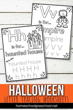 two halloween worksheets with the words h and v