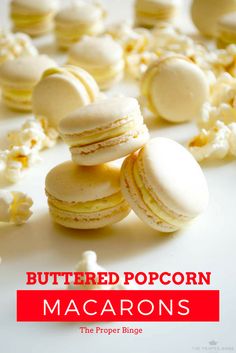 buttered popcorn macarons are stacked on top of each other with the words, buttered popcorn macaroons