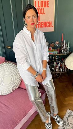 Silver Jean Outfits, Silver Sequin Trousers Outfit, Silver Trousers Outfit Women, Silver Trainers Outfit, Metallic Trousers Outfit, Metallic Shirt Outfit, Silver Trousers Outfits, Silver Shirt Outfit, Silver Jeans Outfit